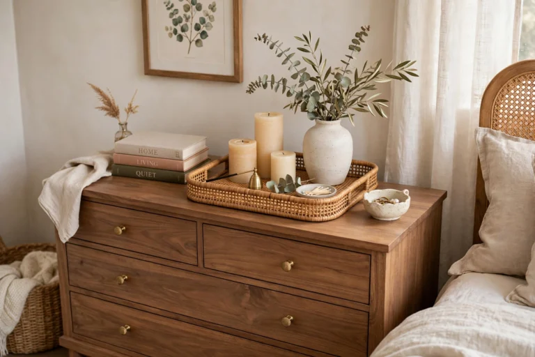 Styled bedroom dresser with a decorative tray holding candles and vase