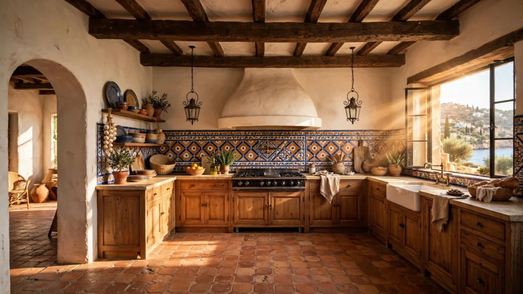 Sun-soaked Mediterranean kitchen with terracotta floors, arched doorway, patterned tile and wood beams