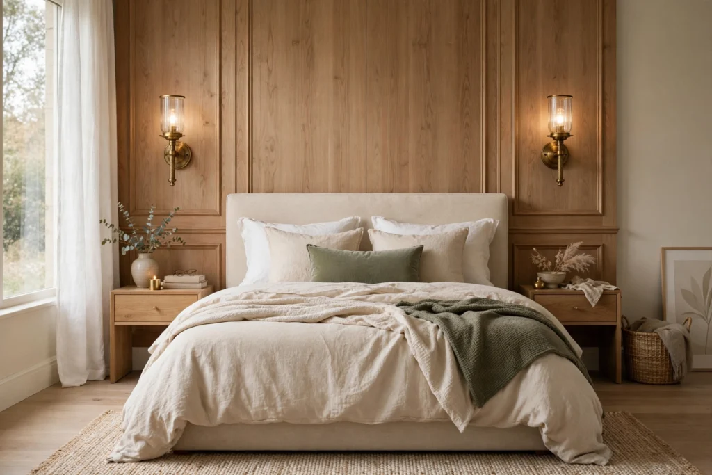 Elegant bedroom with matching brass wall sconces flanking the bed
