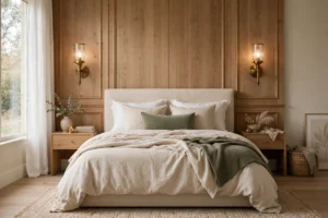 Elegant bedroom with matching brass wall sconces flanking the bed
