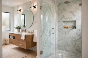 Modern bathroom with a frameless glass shower door and marble tile walls