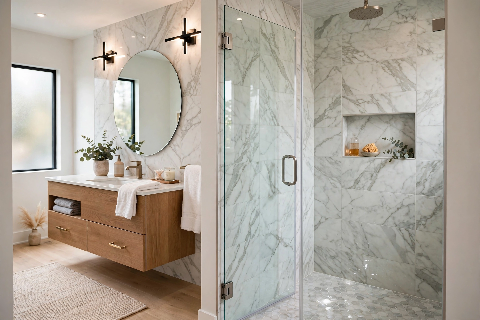 Modern bathroom with a frameless glass shower door and marble tile walls
