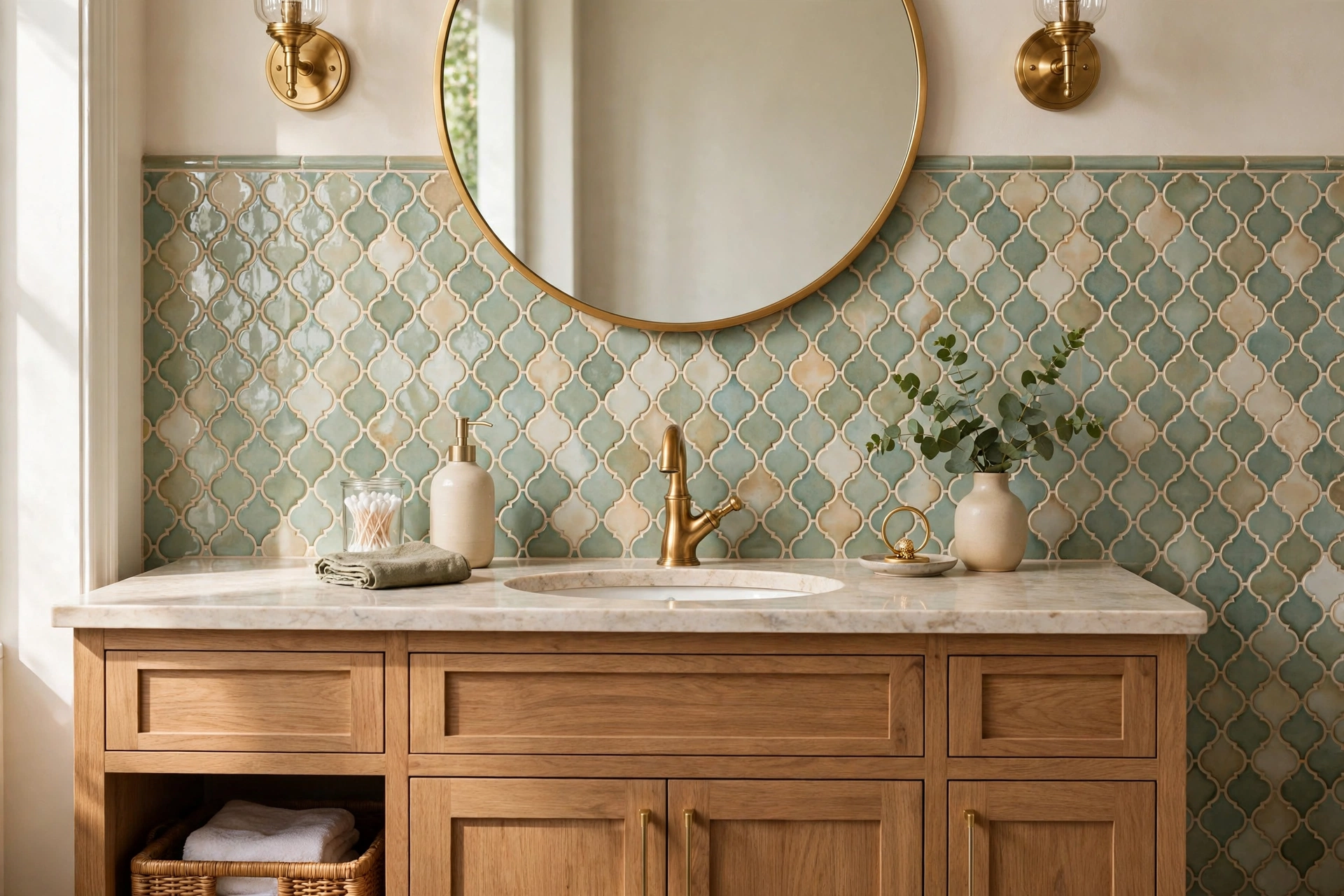 Bathroom vanity wall with an elegant tile backsplash and brass faucet