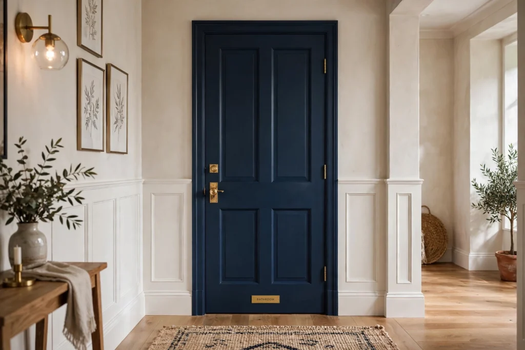 Stylish bathroom door painted deep navy with brass hardware in a hallway
