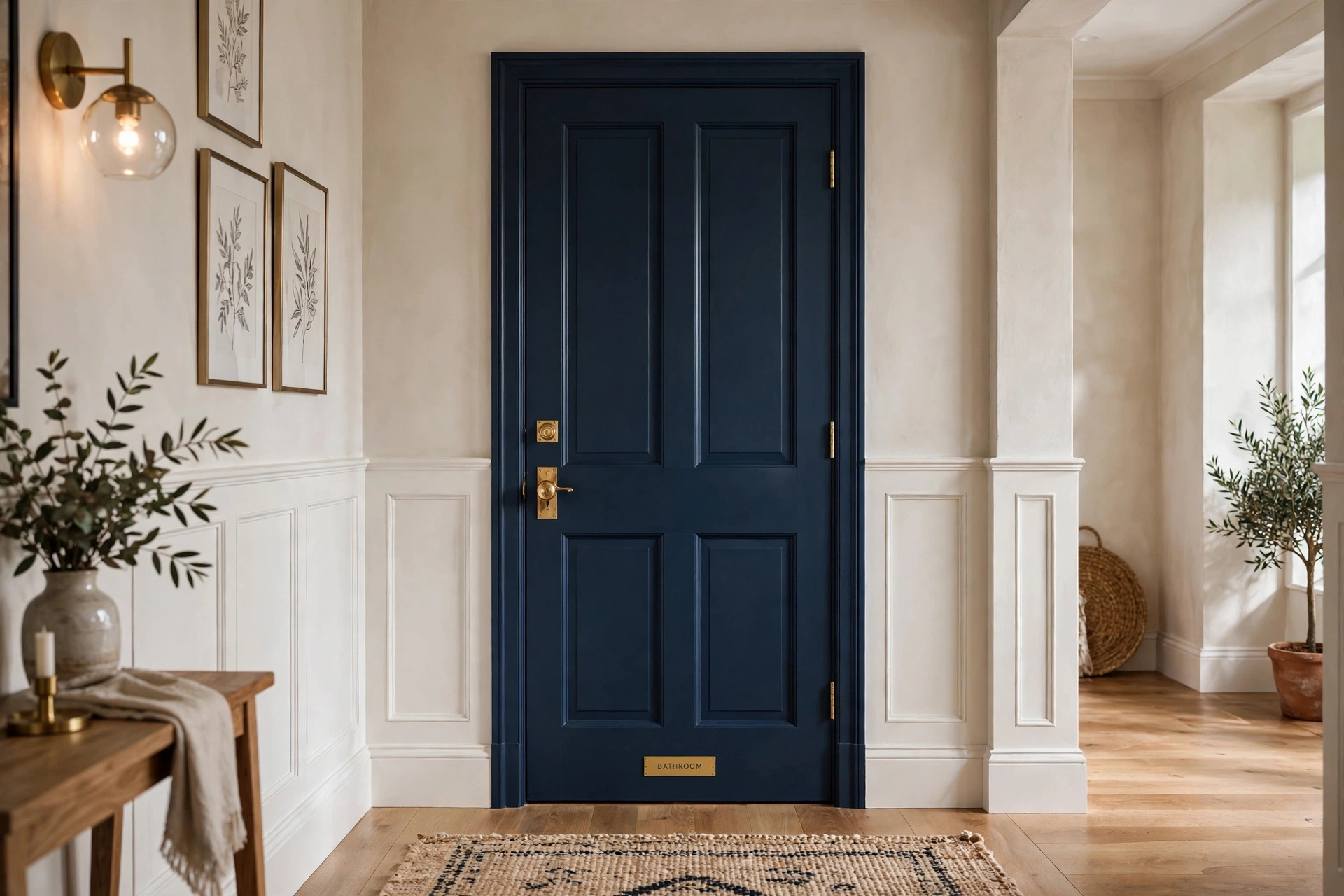 Stylish bathroom door painted deep navy with brass hardware in a hallway