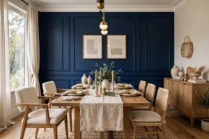 Elegant dining room with a bold navy accent wall behind the table
