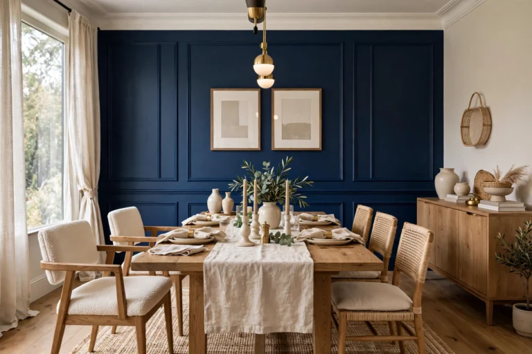 Elegant dining room with a bold navy accent wall behind the table