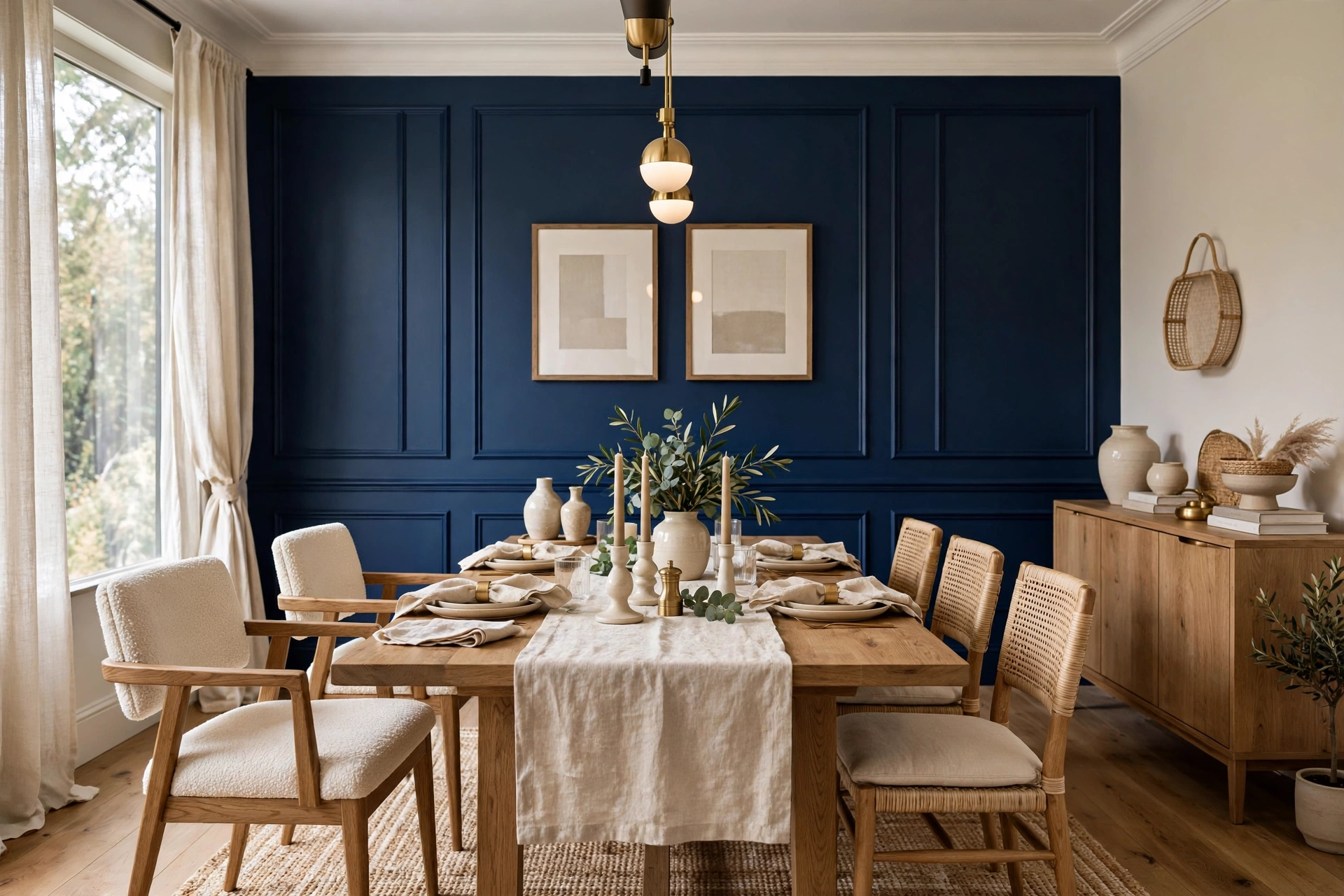Elegant dining room with a bold navy accent wall behind the table