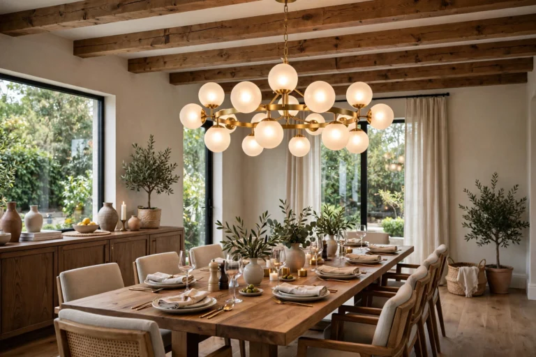 Elegant dining room with exposed wood beams and a statement chandelier