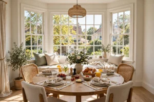 Sunlit dining room with a bay window and a round table set for brunch