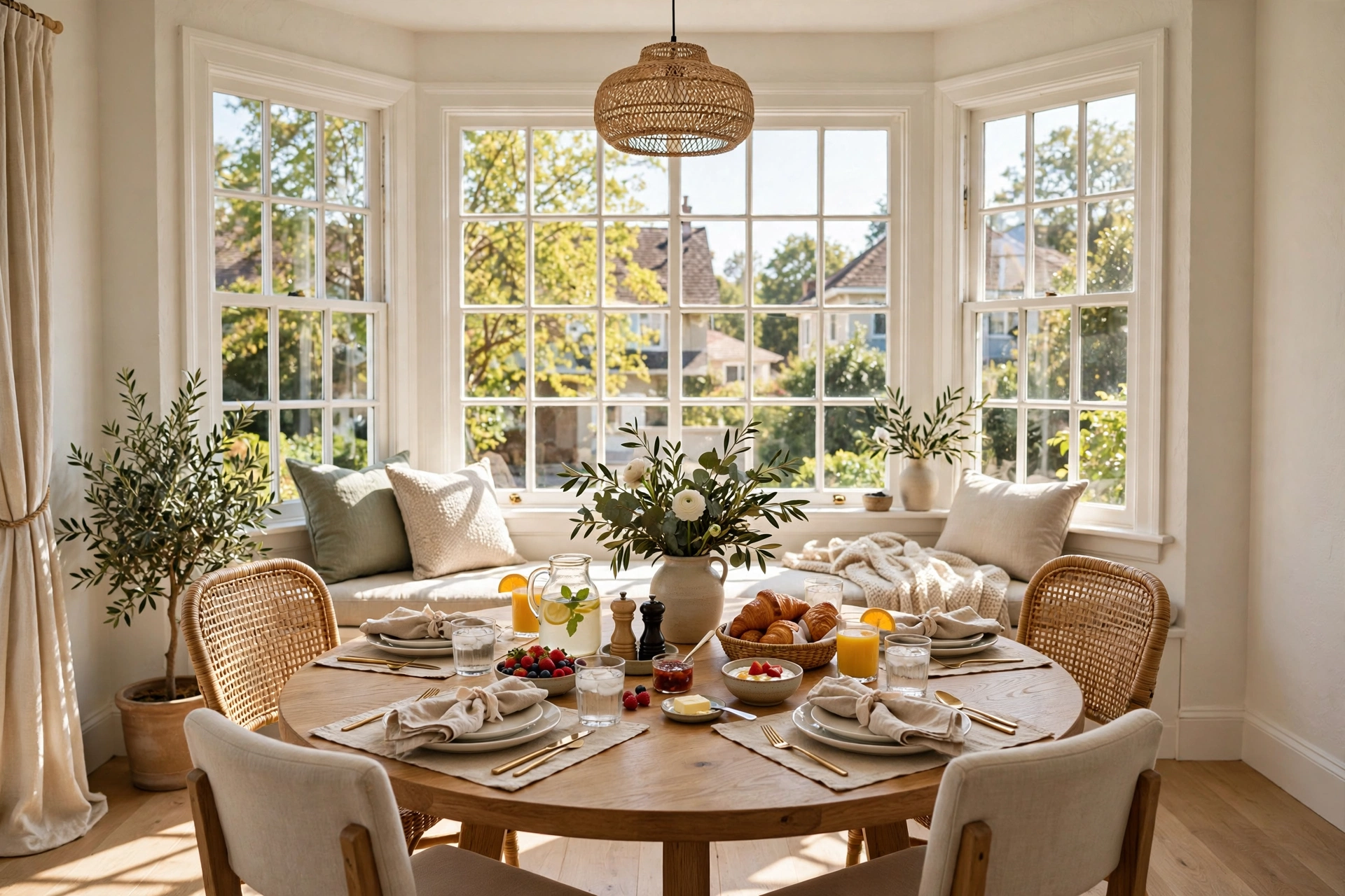 Sunlit dining room with a bay window and a round table set for brunch