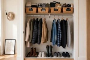 Neatly organized entryway closet with double rods and labeled baskets