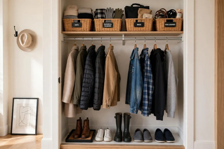Neatly organized entryway closet with double rods and labeled baskets