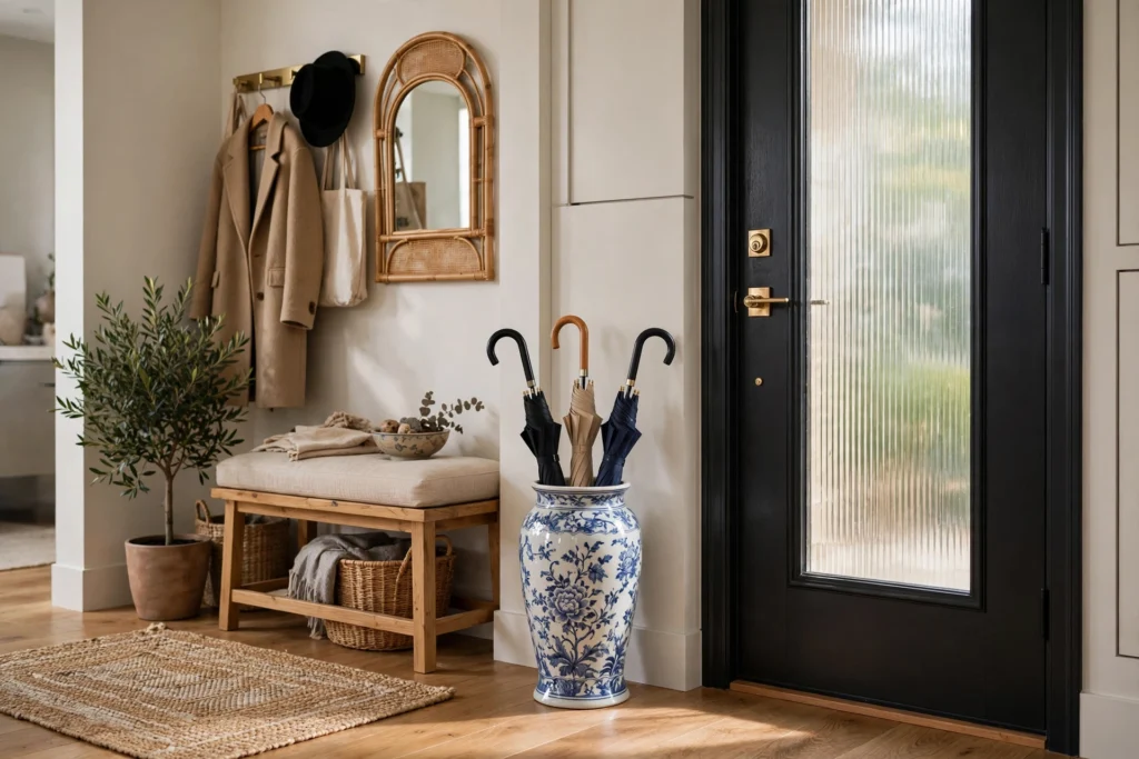 Stylish entryway with a ceramic umbrella stand beside the front door