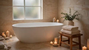 Serene spa bathroom retreat with freestanding soaking tub, natural stone, and warm light