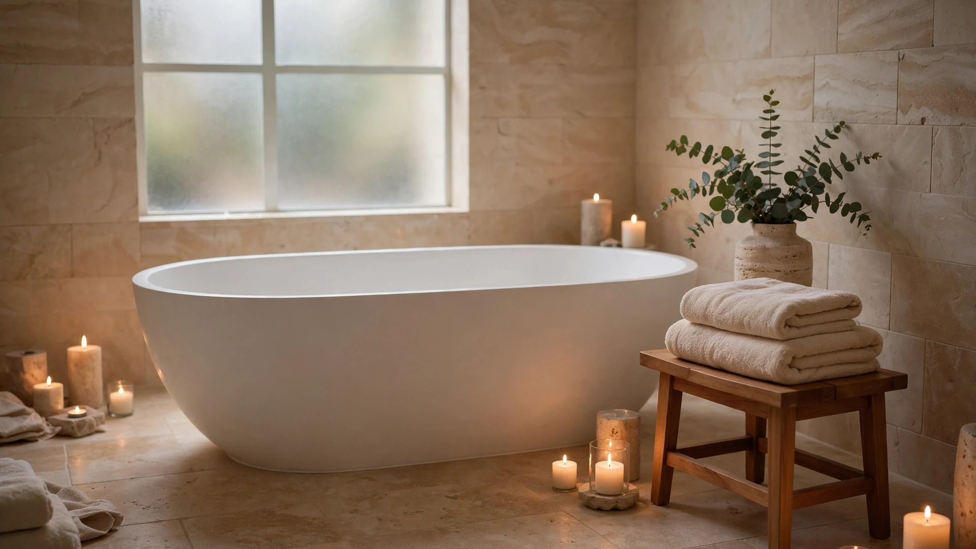 Serene spa bathroom retreat with freestanding soaking tub, natural stone, and warm light