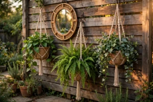 Backyard fence decorated with a round outdoor mirror and lush hanging planters
