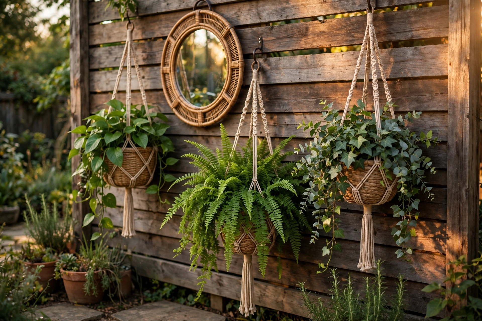 Backyard fence decorated with a round outdoor mirror and lush hanging planters