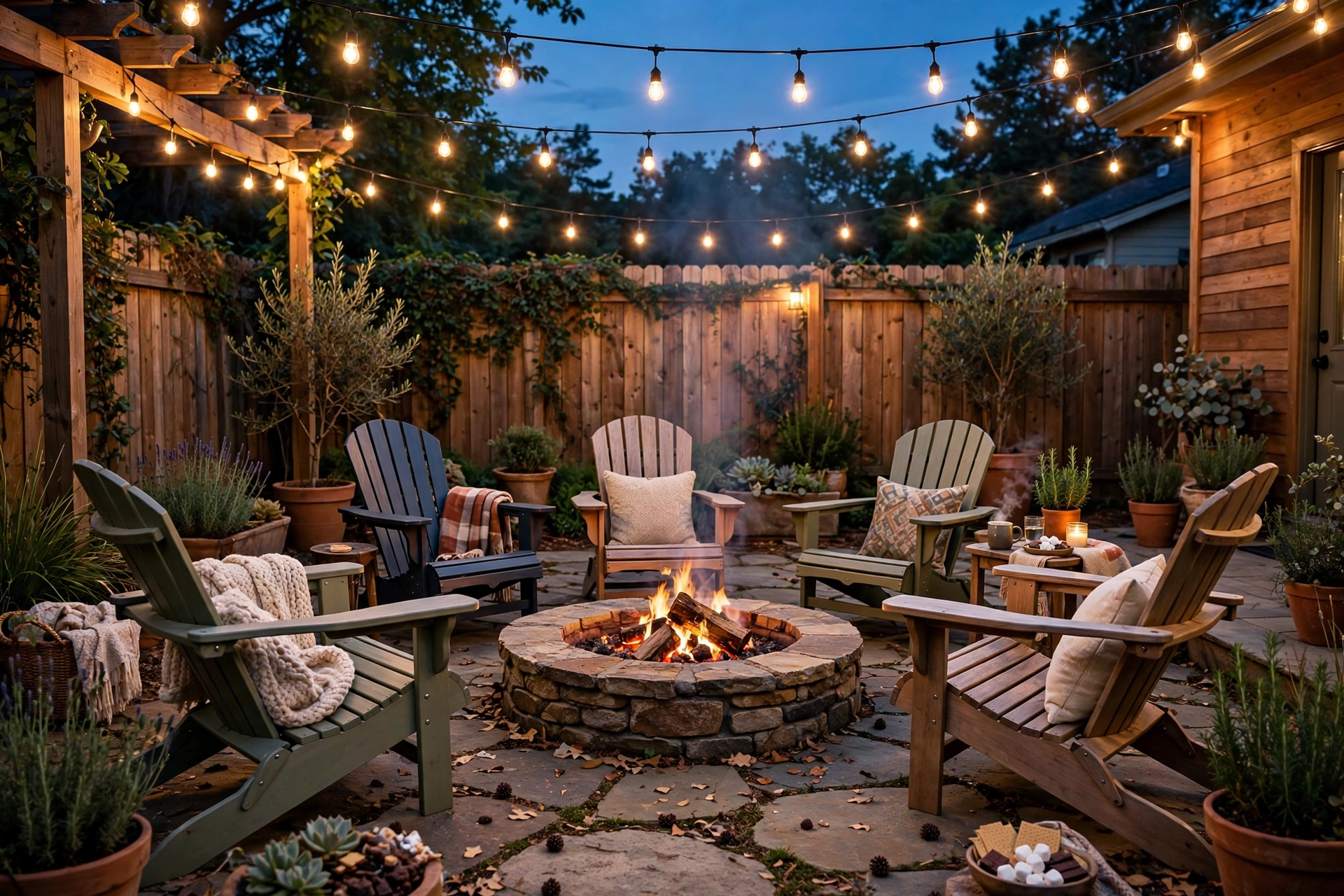 Cozy backyard fire pit area with Adirondack chairs and string lights at dusk