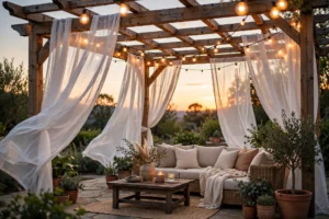 Pergola with flowing white outdoor curtains and string lights at sunset