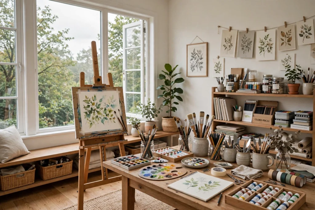 Bright home art studio with easel supplies and north facing windows