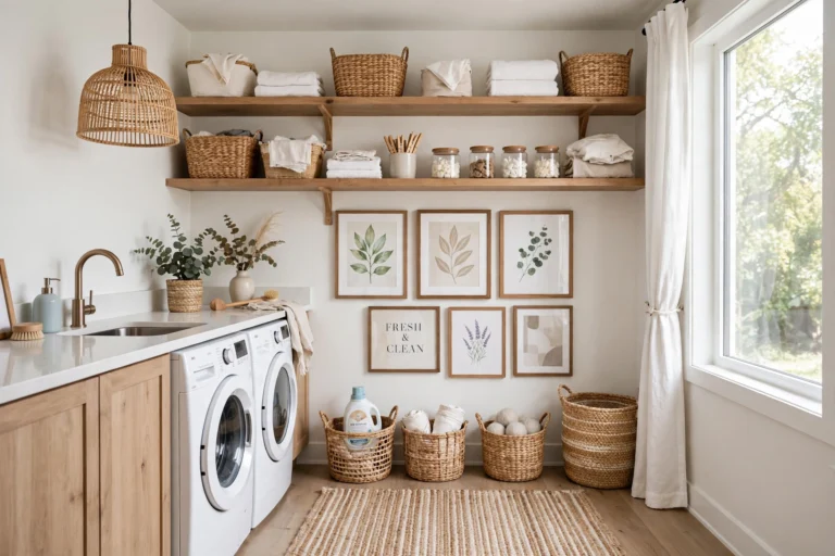 Stylish laundry room with open shelving gallery wall and woven baskets