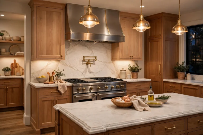 Elegant kitchen with a brushed brass pot filler mounted above a professional gas range