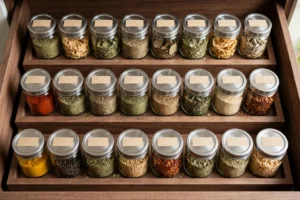 Organized kitchen spice drawer with uniform labeled jars in tiered rows
