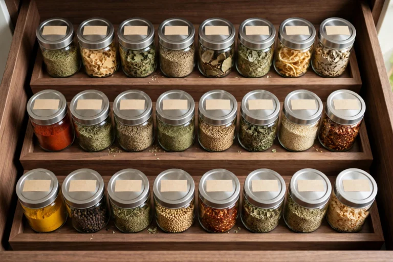 Organized kitchen spice drawer with uniform labeled jars in tiered rows