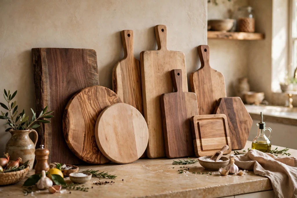 Collection of wooden cutting boards in varied shapes leaning on a kitchen counter