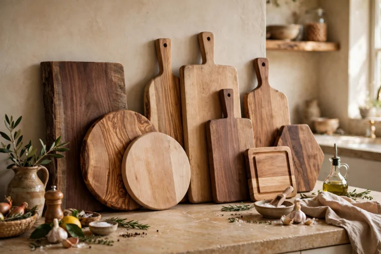 Collection of wooden cutting boards in varied shapes leaning on a kitchen counter