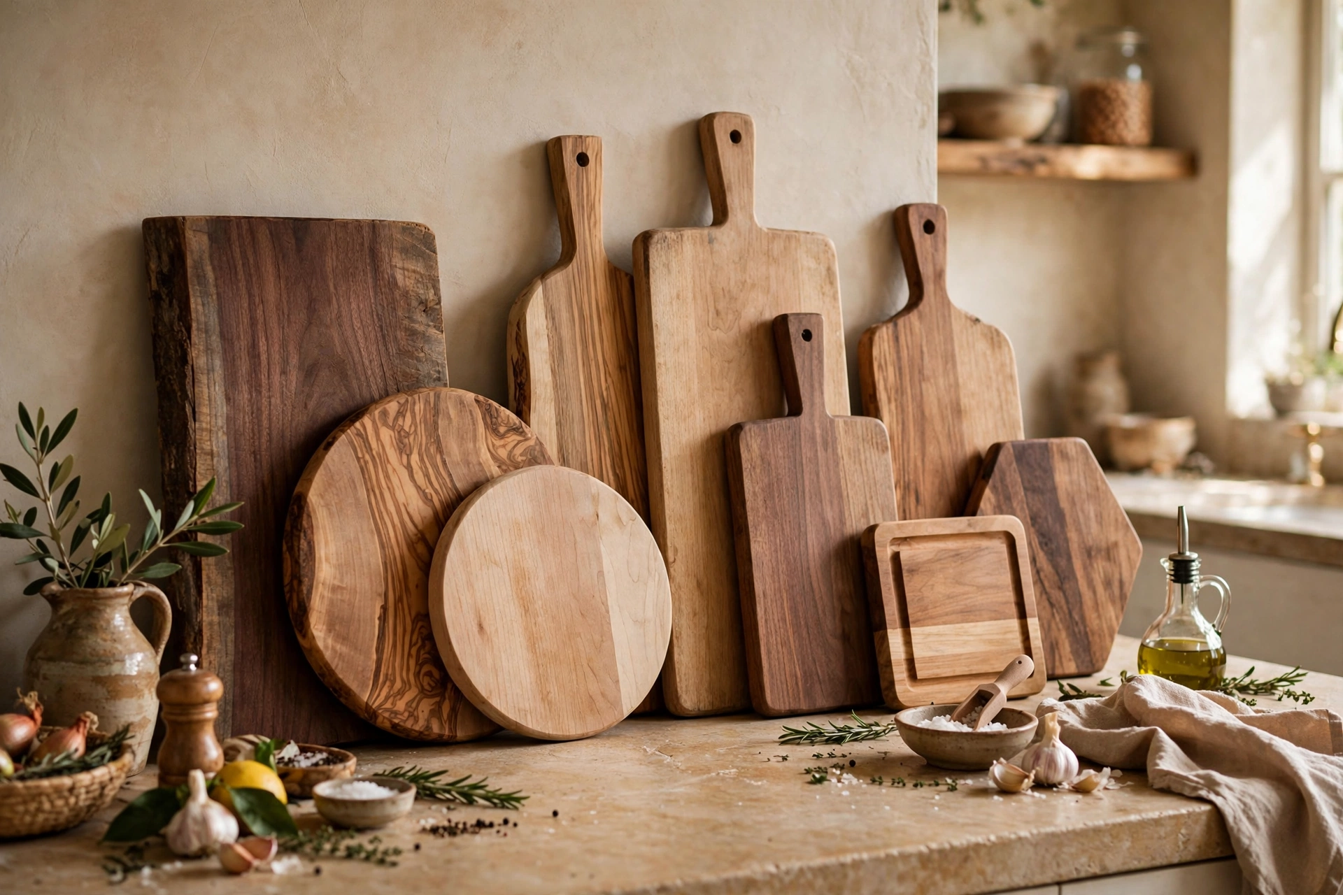 Collection of wooden cutting boards in varied shapes leaning on a kitchen counter