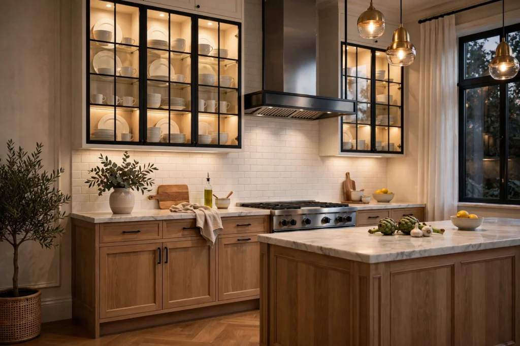 Kitchen with lit glass-front upper cabinets displaying white dishware elegantly