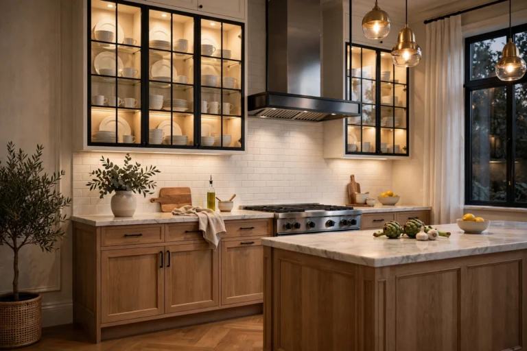 Kitchen with lit glass-front upper cabinets displaying white dishware elegantly