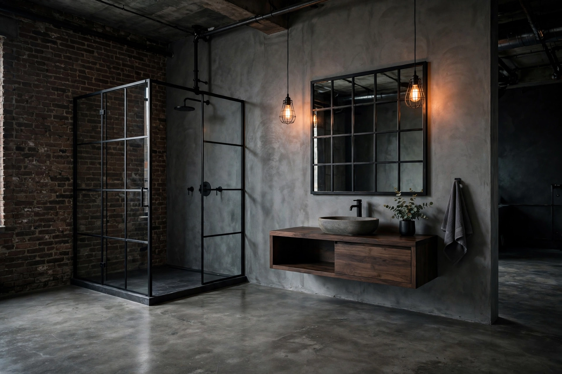 Industrial bathroom with concrete walls, exposed brick, black steel shower, and Edison pendants