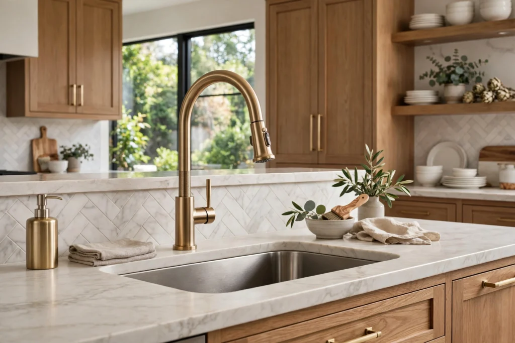 Modern kitchen sink with a brushed brass high-arc pull-down faucet as focal point