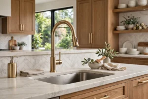 Modern kitchen sink with a brushed brass high-arc pull-down faucet as focal point