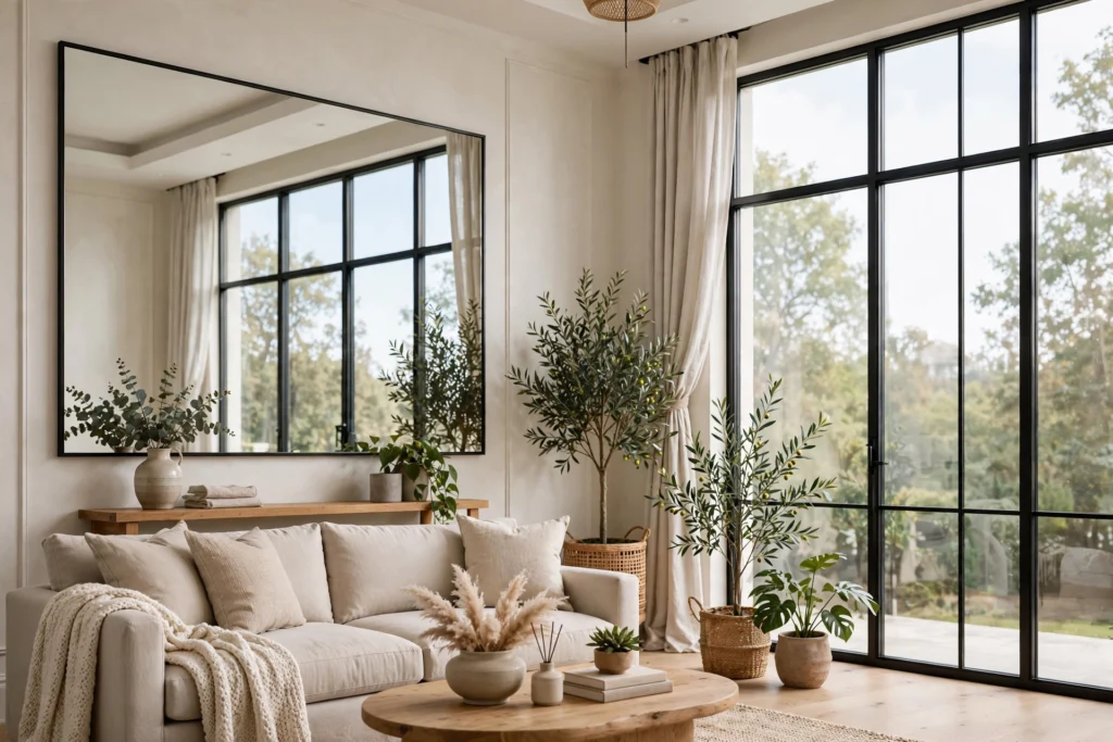 Bright living room with oversized rectangular mirror reflecting window light