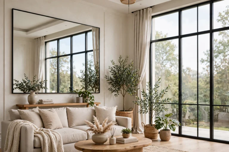 Bright living room with oversized rectangular mirror reflecting window light