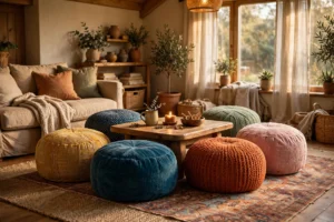 Cozy living room with colorful poufs arranged around low wooden table