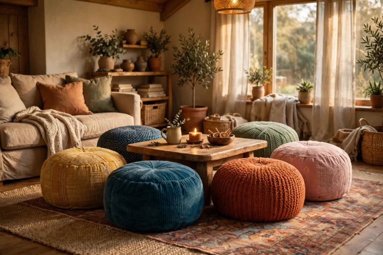 Cozy living room with colorful poufs arranged around low wooden table