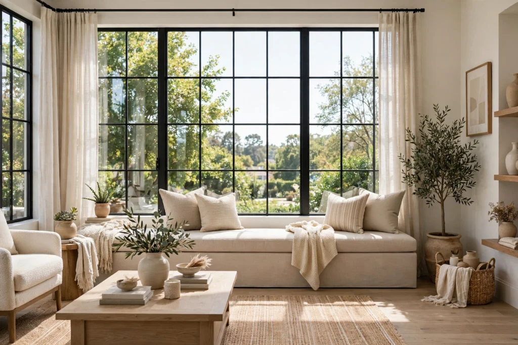 Bright living room with long beige upholstered bench under window