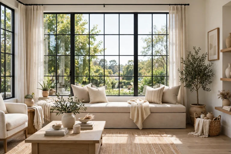Bright living room with long beige upholstered bench under window