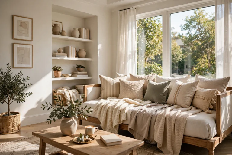 Sunlit living room with daybed styled as sofa with layered pillows