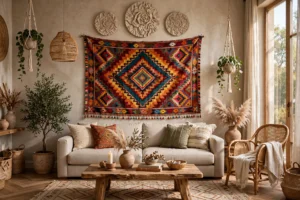 Living room with large colorful tapestry hung above neutral sofa