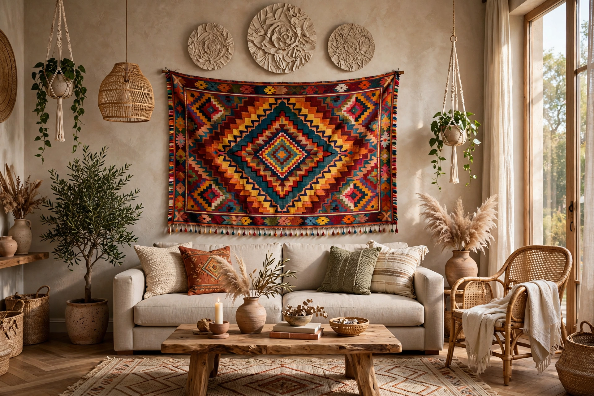 Living room with large colorful tapestry hung above neutral sofa