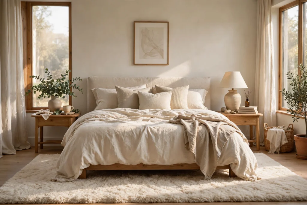 Cozy bedroom with a plush cream area rug layered under a linen bed