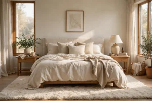 Cozy bedroom with a plush cream area rug layered under a linen bed