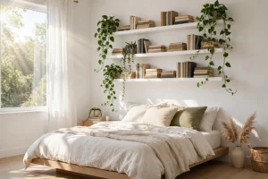 White floating shelves styled with books and plants in a bright bedroom