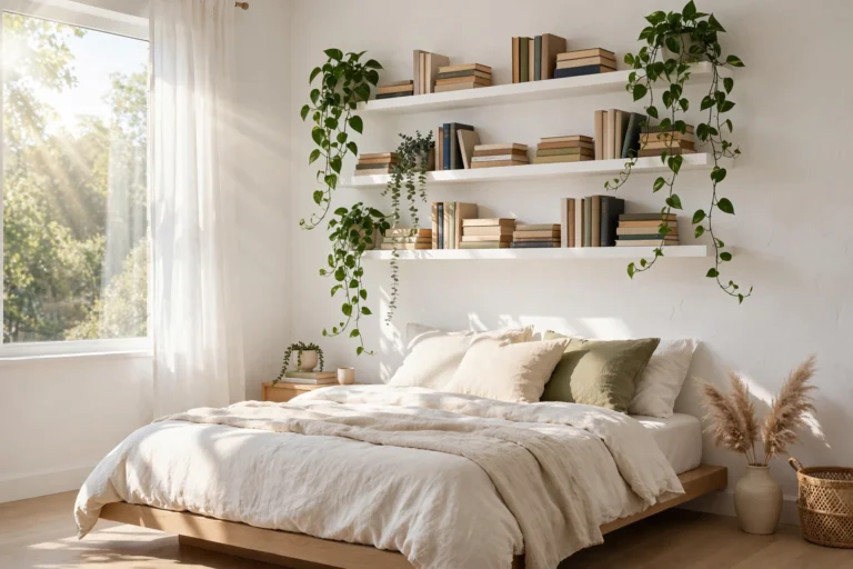 White floating shelves styled with books and plants in a bright bedroom